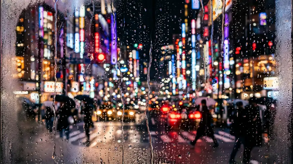 ERNIE Image generation — Urban Night View Through Raindrop Glass