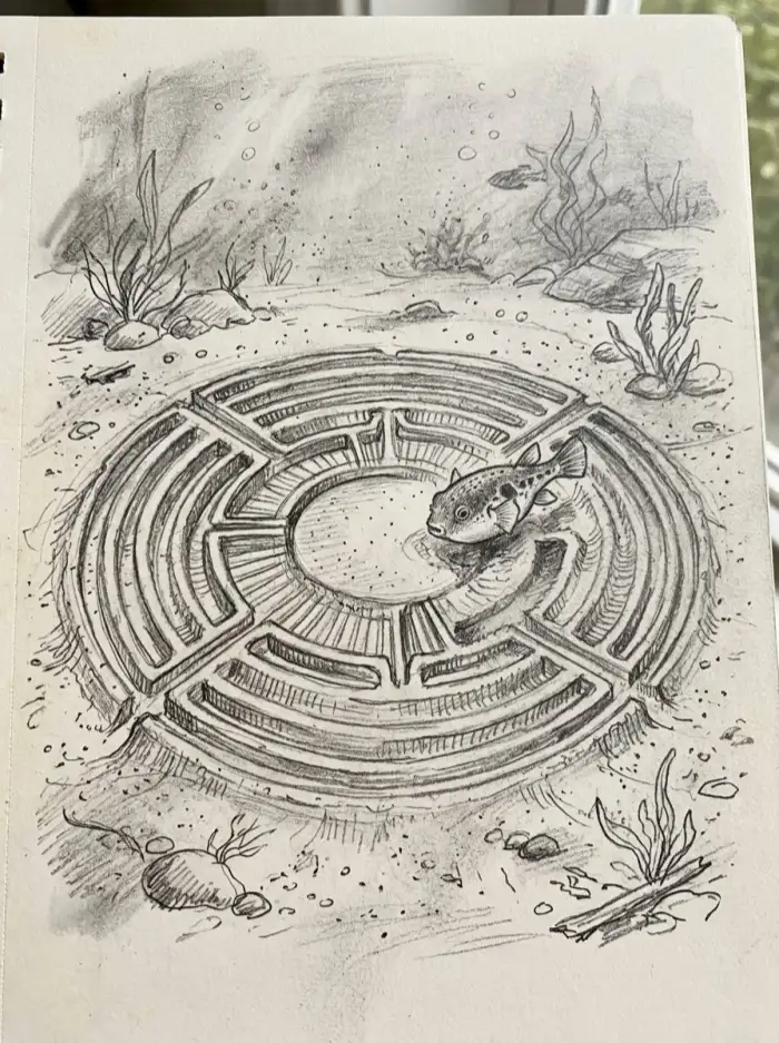 ERNIE Image example: Underwater Maze — pencil sketch of a pufferfish in a circular underwater maze with seaweed and bubbles