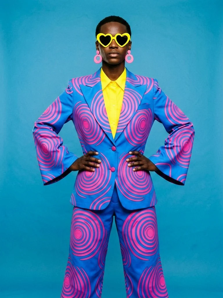 ERNIE Image example: Fashion Statement — stylized portrait with spiral suit, heart sunglasses, and solid blue backdrop