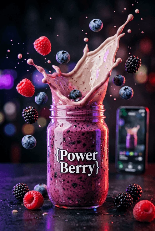 ERNIE Image example: Power Berry Smoothie — berry smoothie product shot with splash, berries, and cinematic lighting
