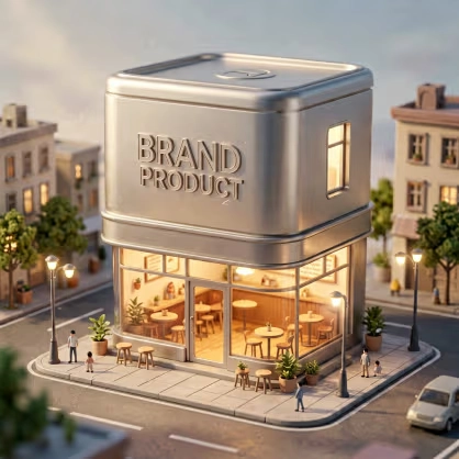 ERNIE Image example: Brand Product Store — minimalist storefront shaped like a giant product can at city dusk