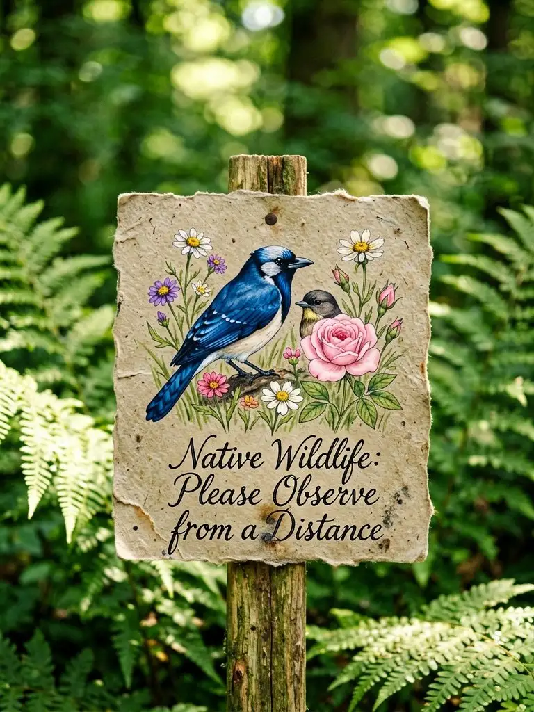 ERNIE Image example: Wildlife Observation Sign — watercolor forest sign with blue jay and legible wildlife observe text