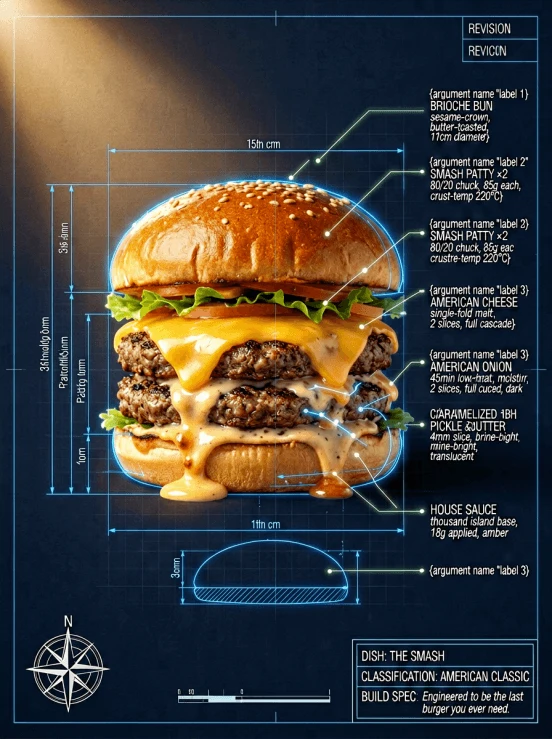 ERNIE Image example: The Smash Burger — technical blueprint of a gourmet smash burger with labels on dark background